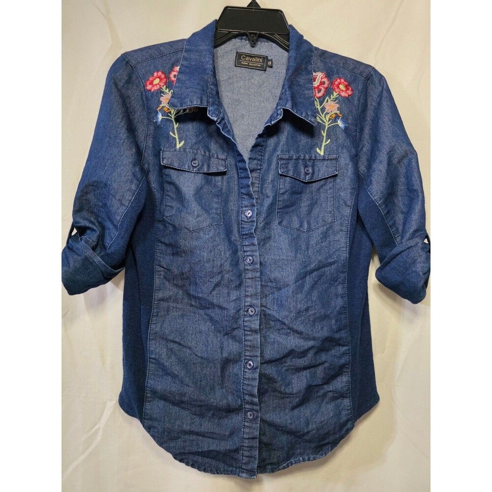 Cavalini Denim Collection Women's Embroidered Floral Denim Shirt Size M